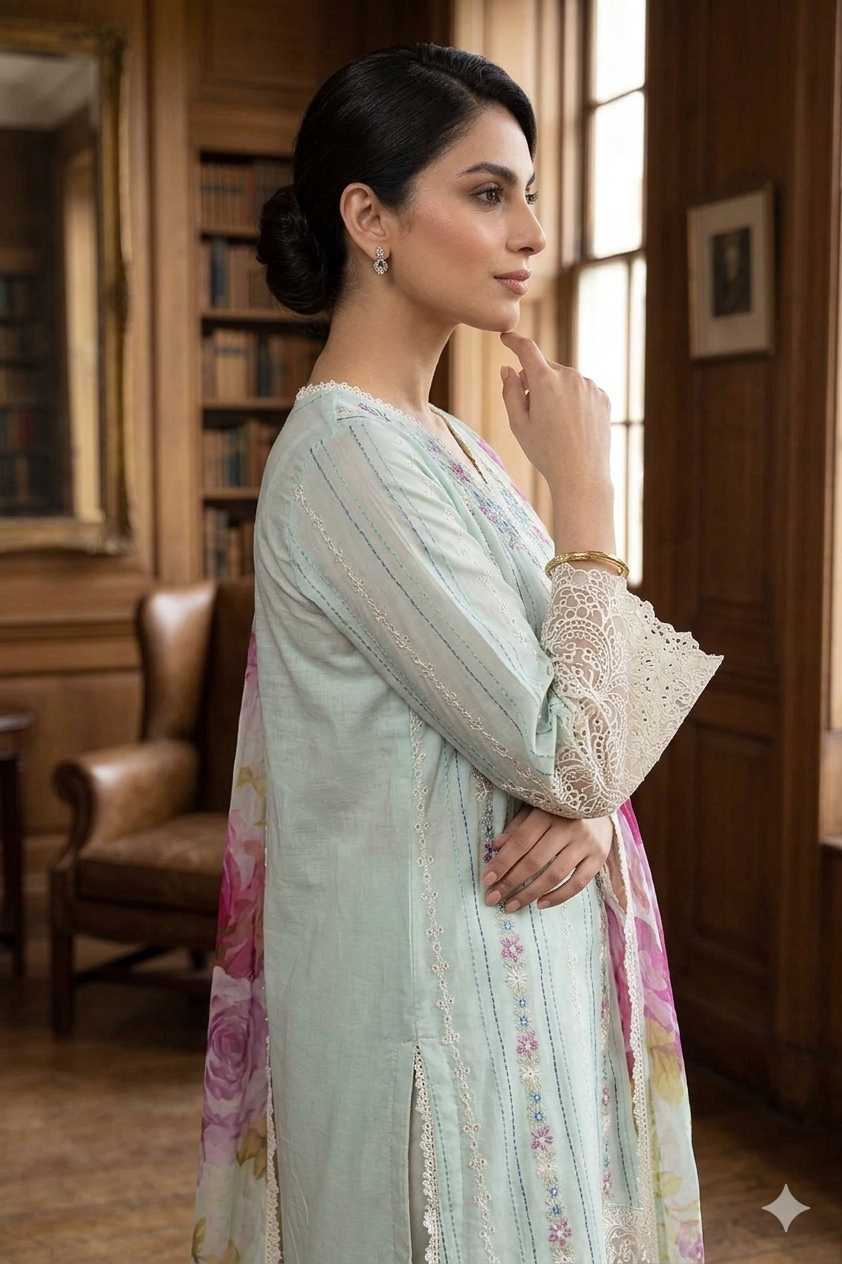 Silakaari Nazakat Pure Lawn Teal Blue Embroidery Pakistani Ready-Made Dress