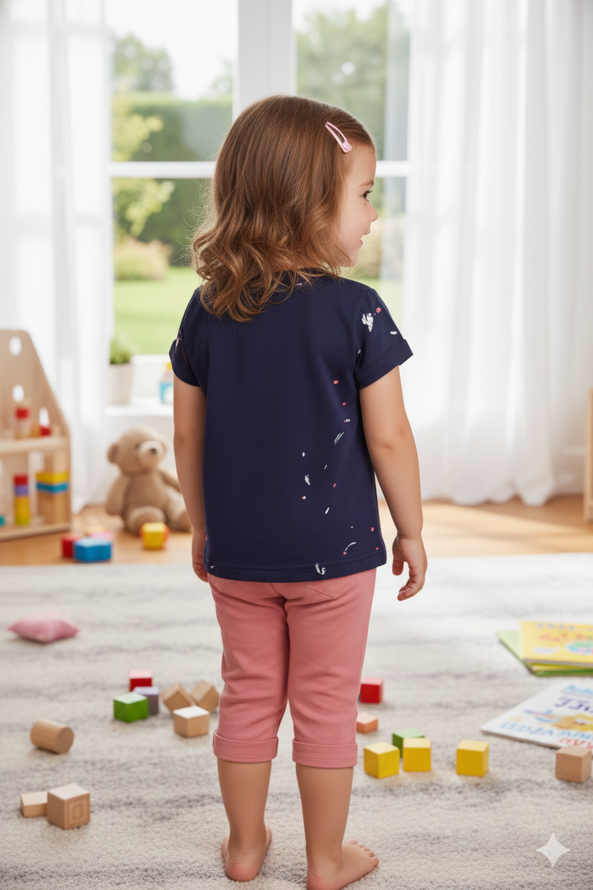 Silakaari Aadila Kids Navy Blue Rose Stylish Top For Girls With Pink Zara Capri