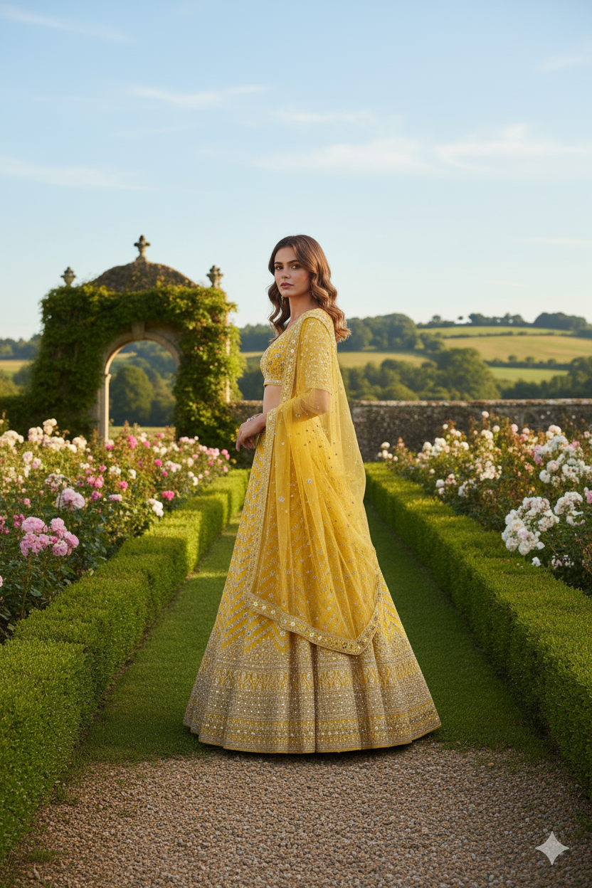 Silakaari Haldi Sun Yellow Zari Dimond Thread Work Net Party Wear Unstitched Lehenga Set