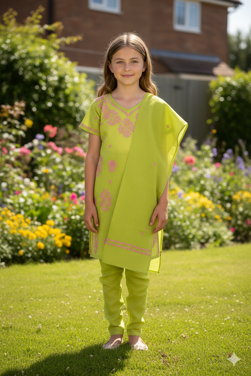 Silakaari Zubaan Mehendi Green-Pink Pure Cotton Lucknowi ChikanKari Kurti Pant With Dupatta Set For Girls