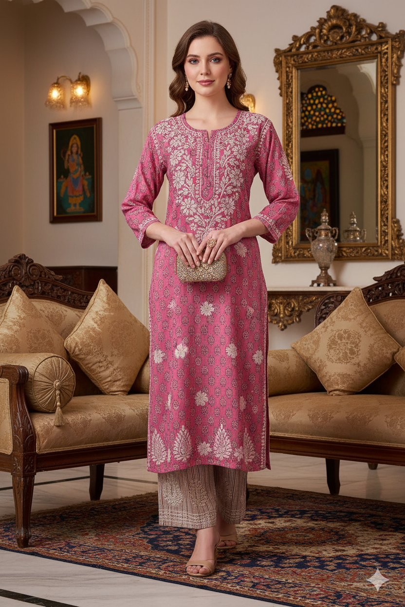 Silakaari Women's Pure Cotton Printed Lucknowi Kurti Pant Premium Set