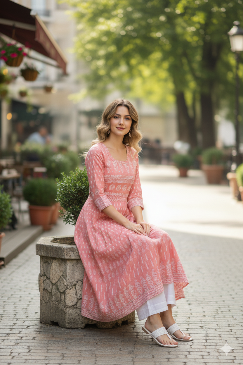 Silakaari Naima Peach Printed Floor Length Anarkali With Gotta Lining