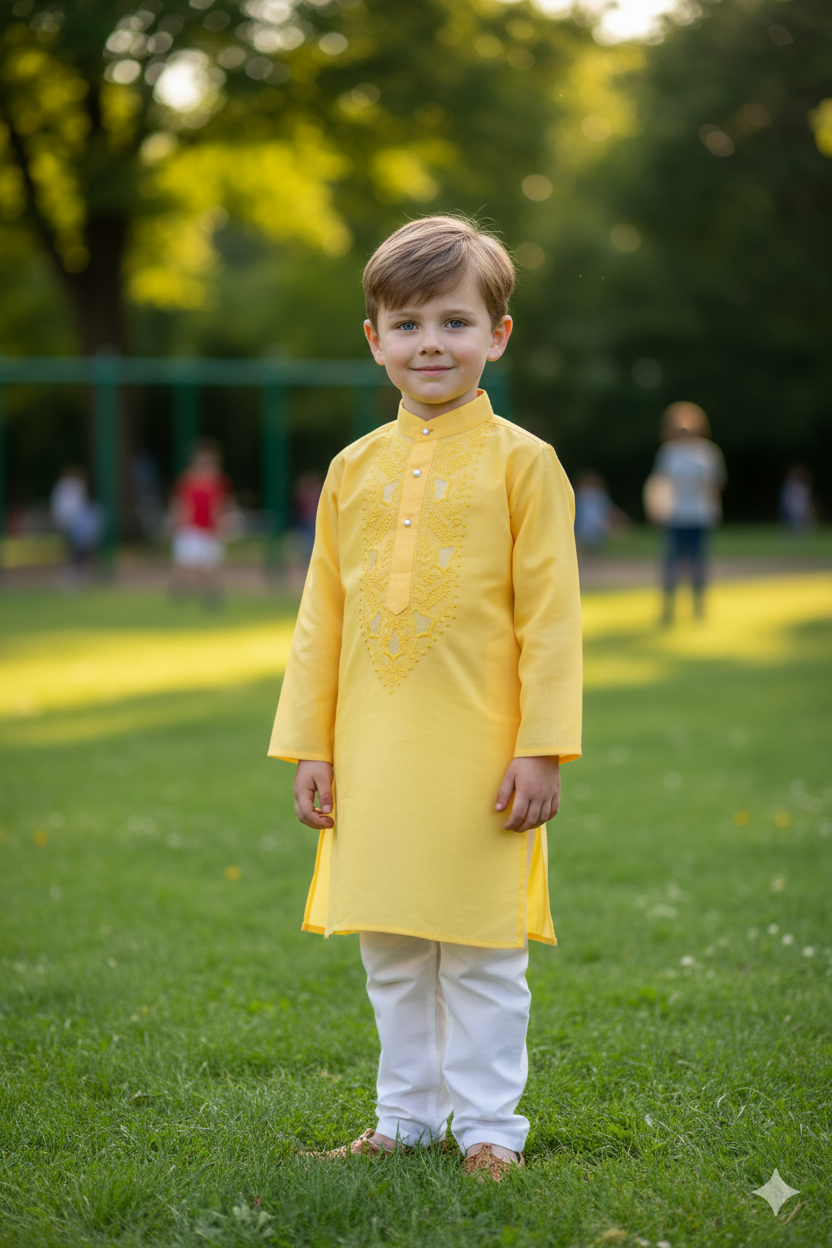 Silakaari Kids Bright Yellow Lucknowi Pure Cotton Kurta pajama Set For Boys