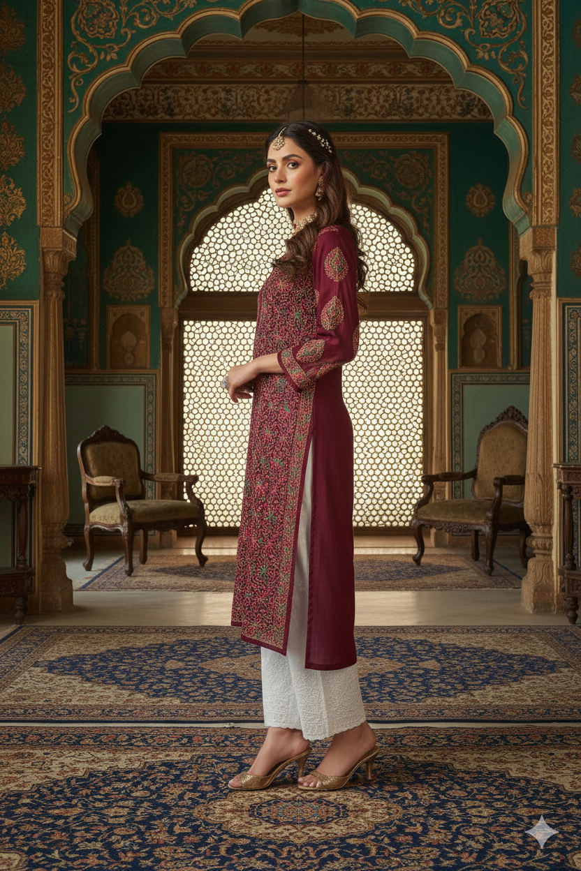 Silakaari Pure Georgette Maroon-Multi Lucknowi Premium Long Kurti Slip With Palazzo Set