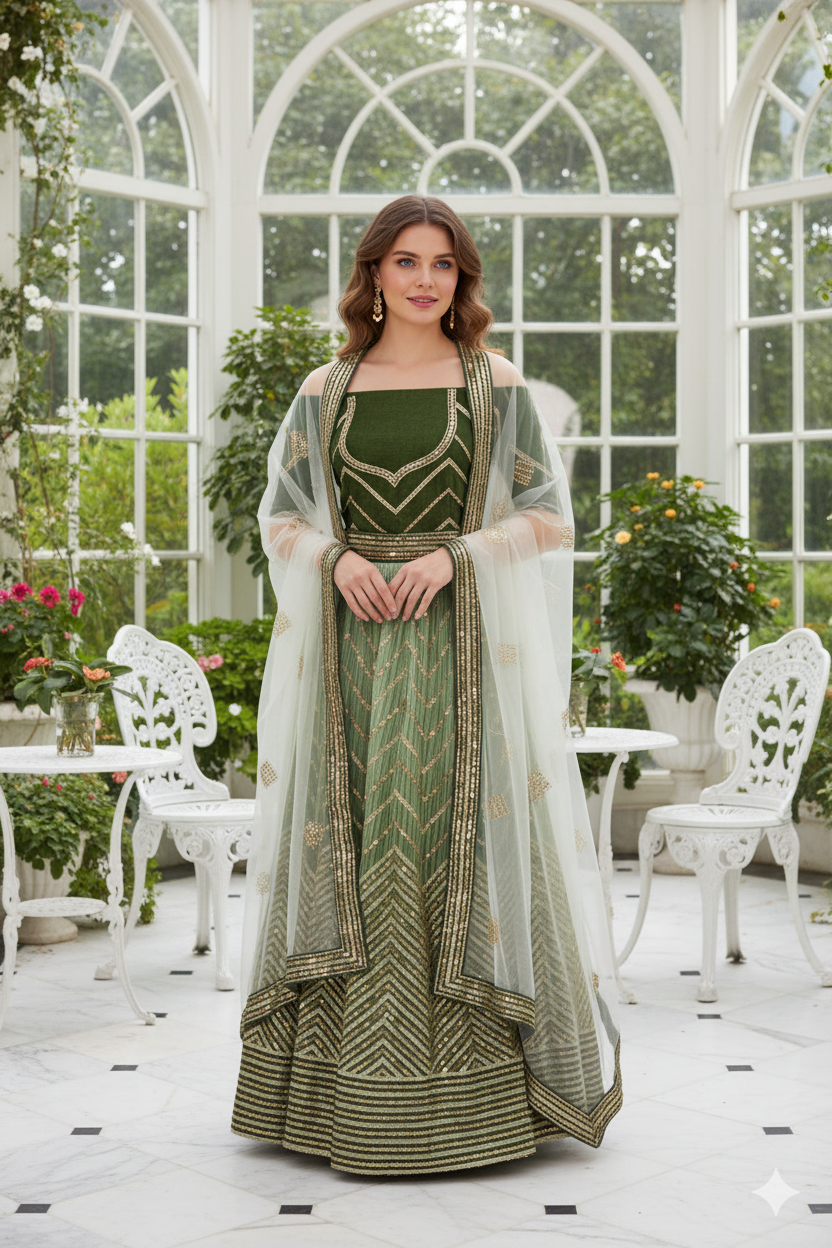 Silakaari Mehendi-Gold Shaded Pure Crepe Sequin Evening Unstitched Lehenga Sharara Set