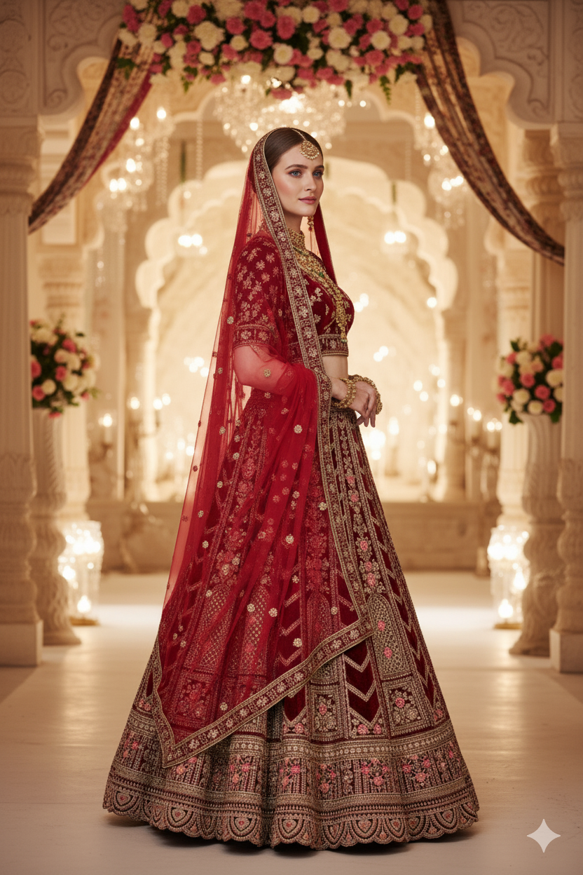 Silakaari Maroon Velvet Bridal Lehenga with Zari, Zarkan & Cutdana Work