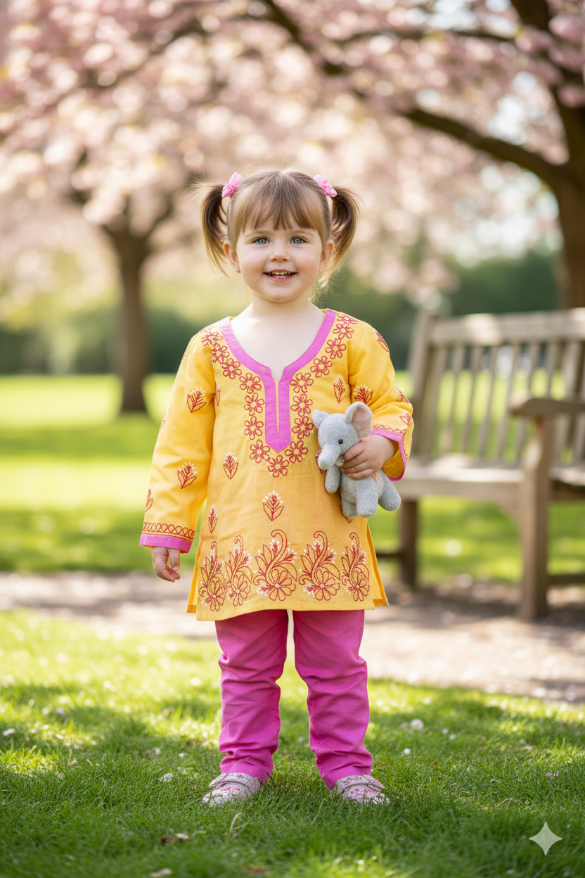 Silakaari Ramsha Yellow-Pink Pure Cotton Lucknowi ChikanKari Kurti Pant Set For Girls