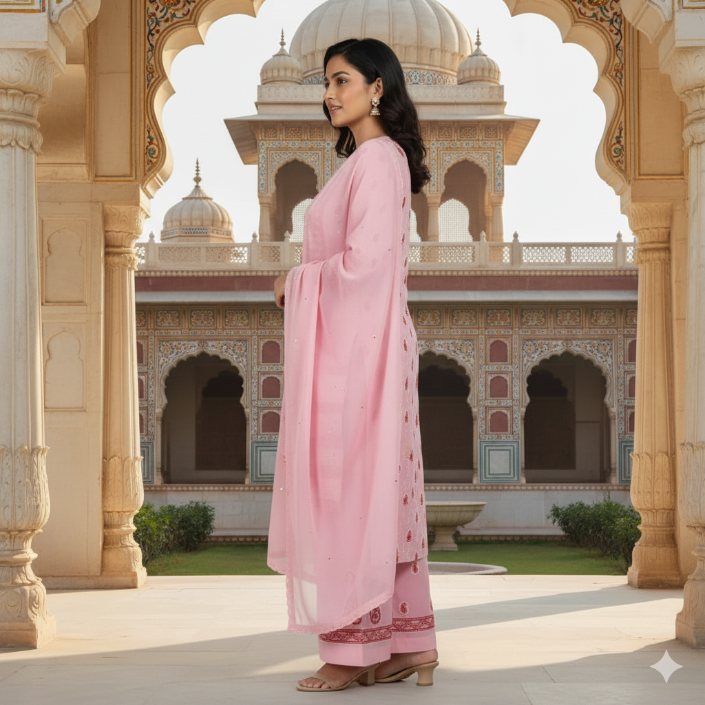 Silakaari Mehazabien Pink-Red Badla Mukaish Work Premium Handwork Unstitched Dress Material