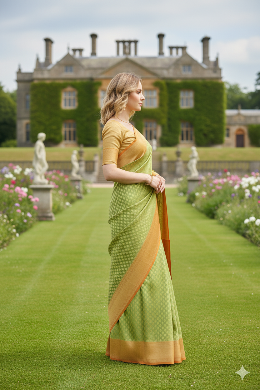 Silakaari Women's Green-Yellow Zari Banarasi saree