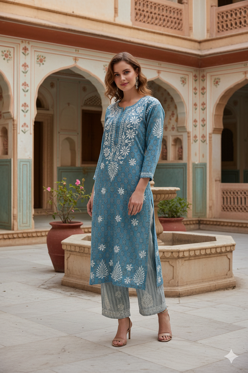 Silakaari Women's Pure Cotton Printed Lucknowi Kurti Pant Premium Set