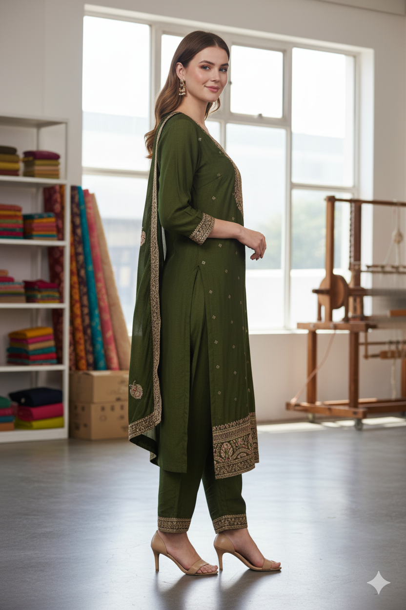 Silakaari Women's Vichiti Gold Sequins Heavy Kurti Pant Dupatta Set