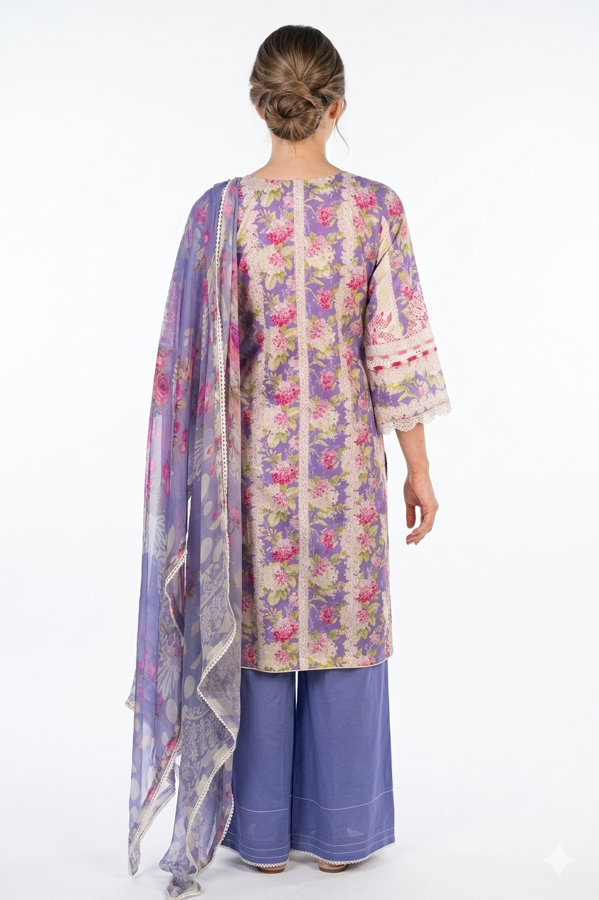 Silakaari Faraham Purple Pure Lawn Lacy Chikan Organza Patch Kurti With Semi-Palazzo Pakistani Ready-Made Dress