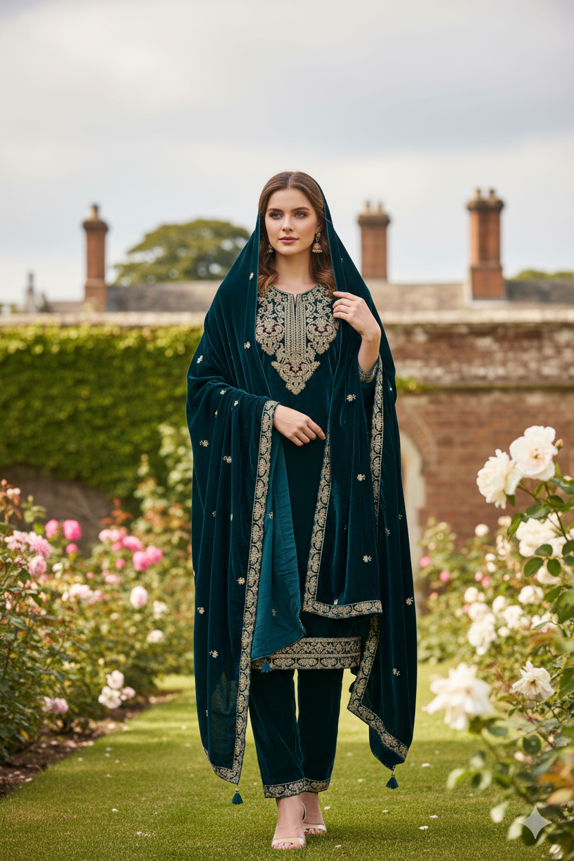 Silakaari Dilkash Dark Green Gold Sequin Patch Zardosi Pure Velvet Bridal Kurti pant set