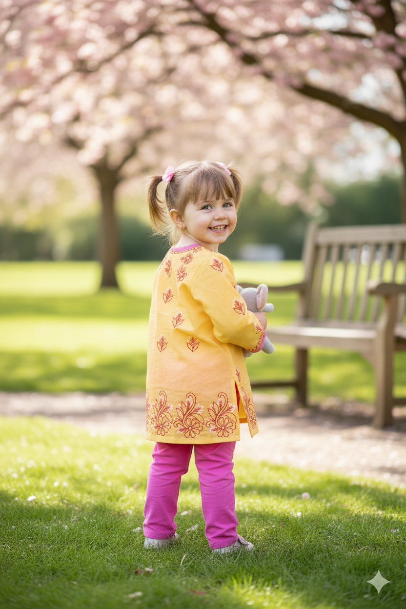 Silakaari Ramsha Yellow-Pink Pure Cotton Lucknowi ChikanKari Kurti Pant Set For Girls