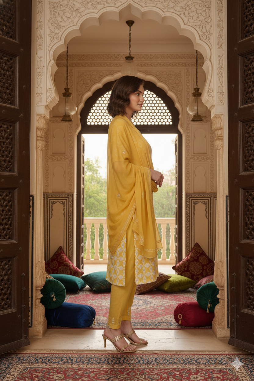 Silakaari Dhani Beige-White Patch Super Delux Premium Lucknowi Unstitched Dress Material