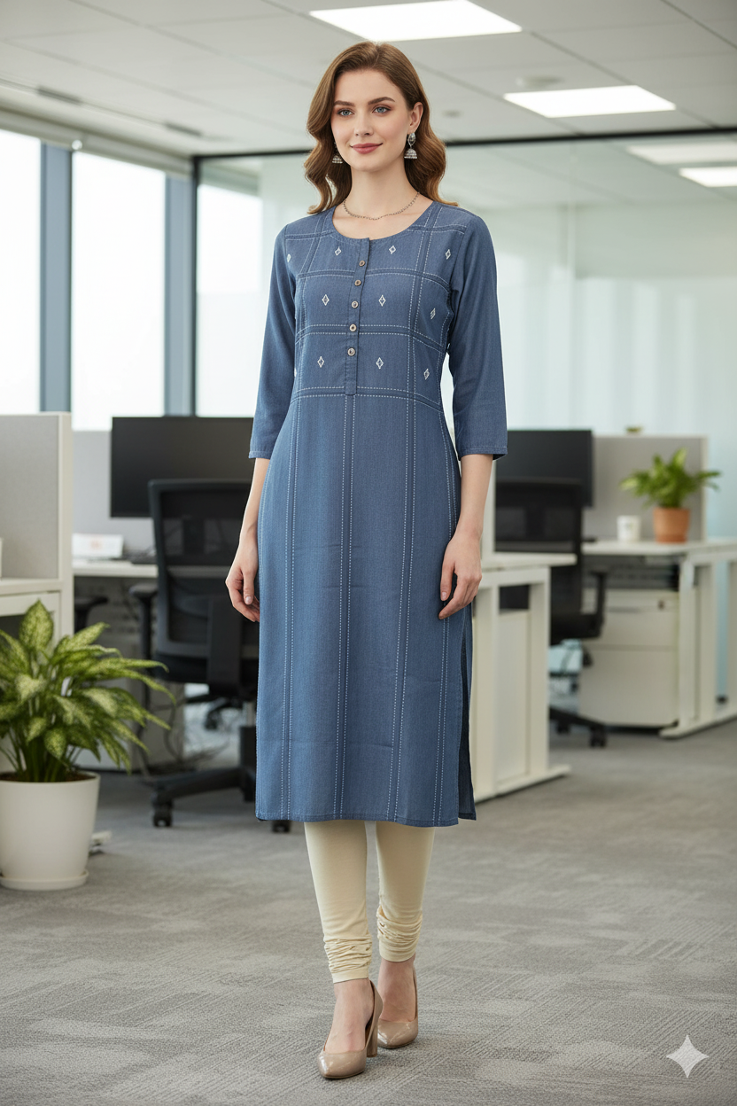 Silakaari Noora Printed Button Stylish Soft Denim Long Kurti