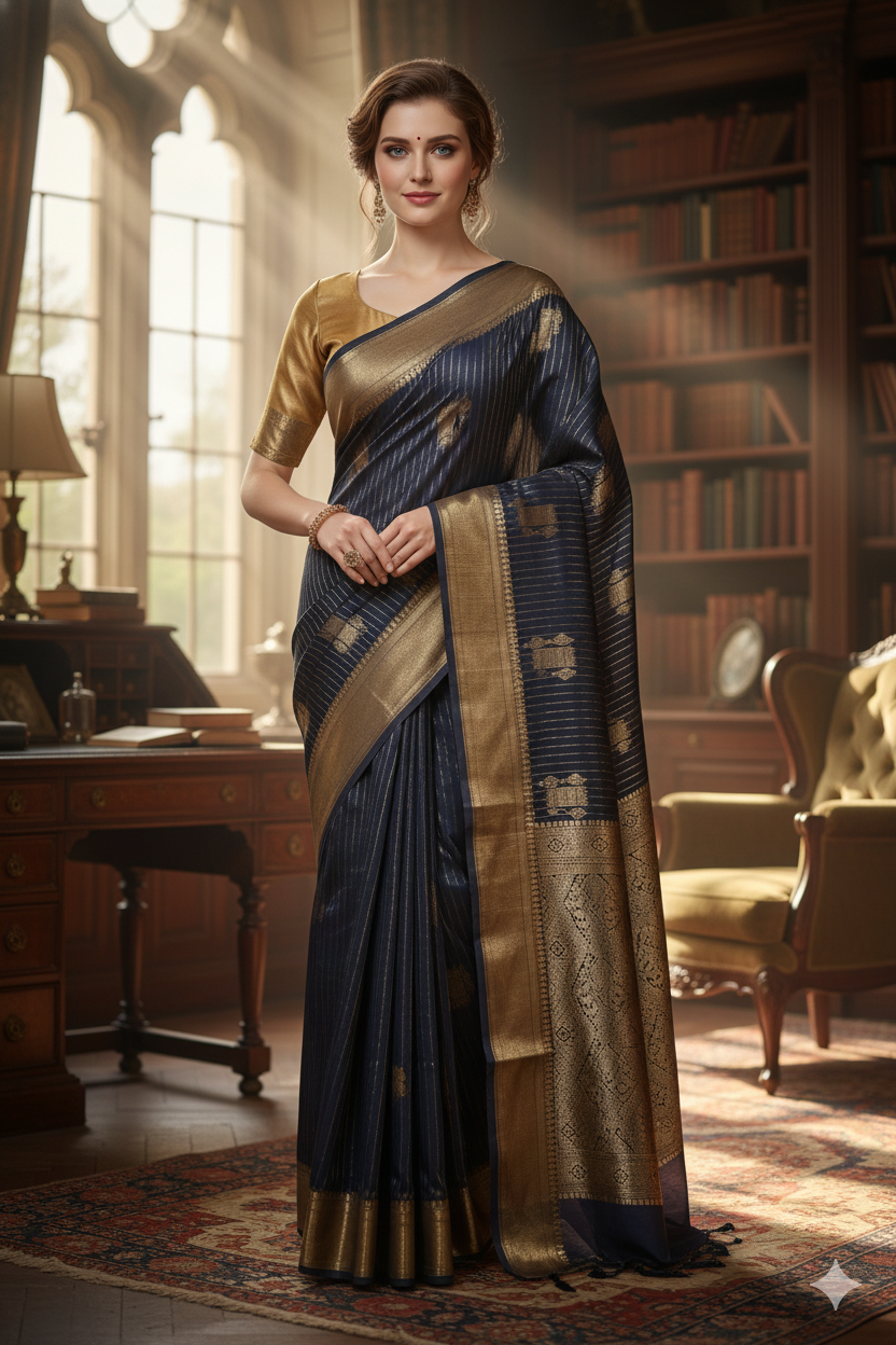 Silakaari Mohak Zari Dark Blue-Gold Fancy Banarasi Saree