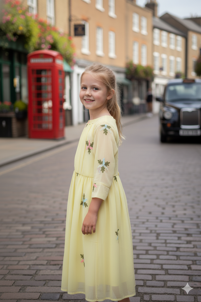 Silakaari Kids yellow Pearl Dress Floral Printed Cinderella Frock For Girls