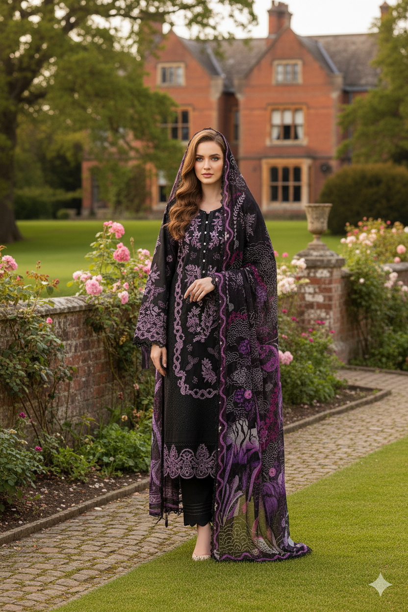 Silakaari Kurbat Pure Lawn All Over Embroidery With Sequin Black-Purple Full Patch Work  Ready-Made Dress