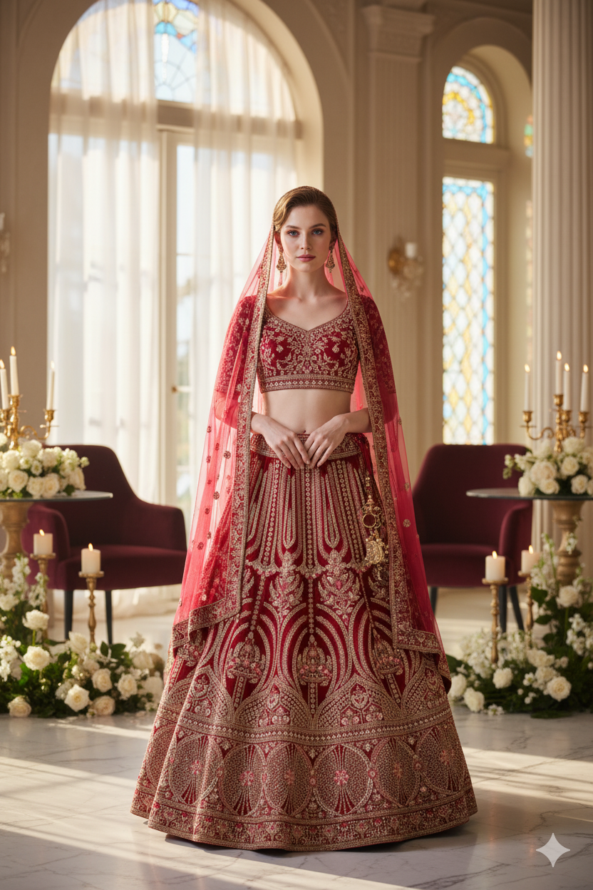Silakaari Exquisite Dusty Hot Pink Velvet Heavy Bridal Lehenga Set with Embroidery
