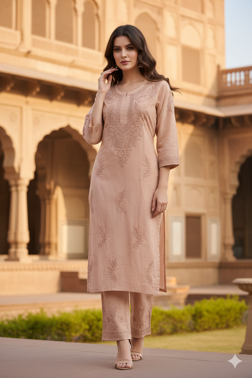 Silakaari Women's Pure Chanderi Golden Dots Kurti Palazzo Premium Lucknowi Set