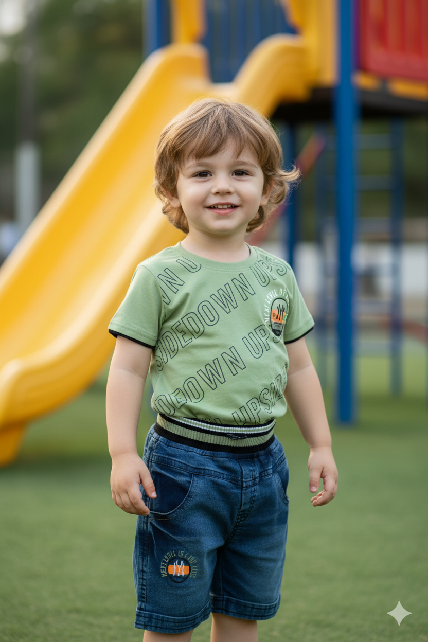 Silakaari Kids Printed T-Shirt & Short Denim Set For Boys