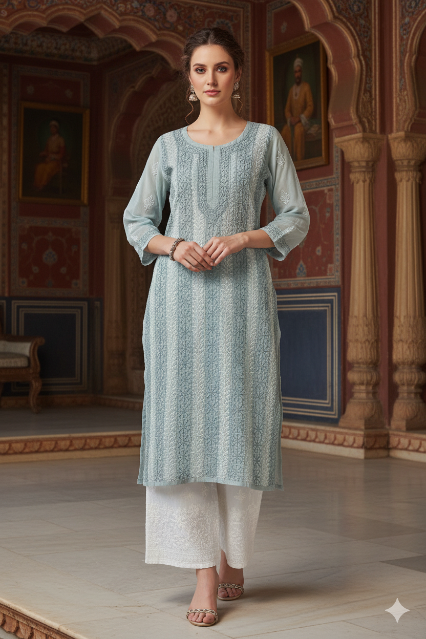 Silakaari Women's Pure Cotton All Over Panel Neck Point Premium Long Kurti Palazzo Set