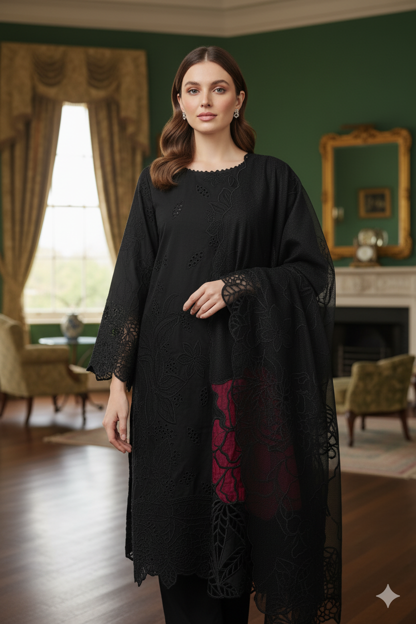 Silakaari Fakar Self Black Pure Hakoba Chikan Premium Patch Work  Ready-Made Dress