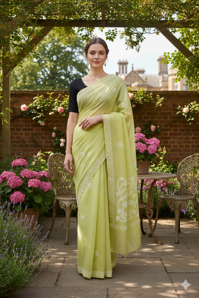 Silakaari Haryali Green-White Pure Cotton Fine Embroidery Lucknowi Saree
