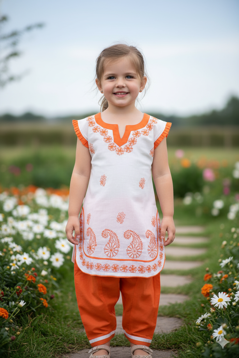 Silakaari Kids Pure Cotton Chikan Lucknowi Kurta Pajama Set For Girls