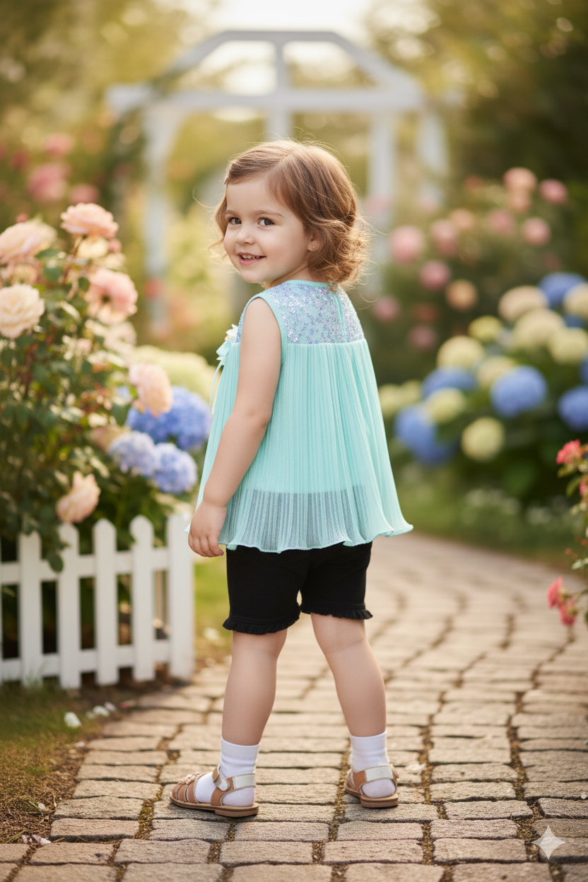 Silakaari Aisha Kids Fancy Sky Blue Stylish Sequnis Bow Top With Short For Girls