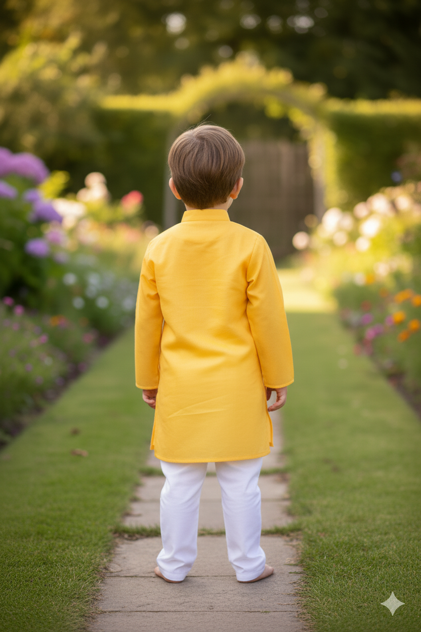 Silakaari Krrish Yellow-White Pure Lucknowi Chikankari Kurta Pyjama Set For Boys