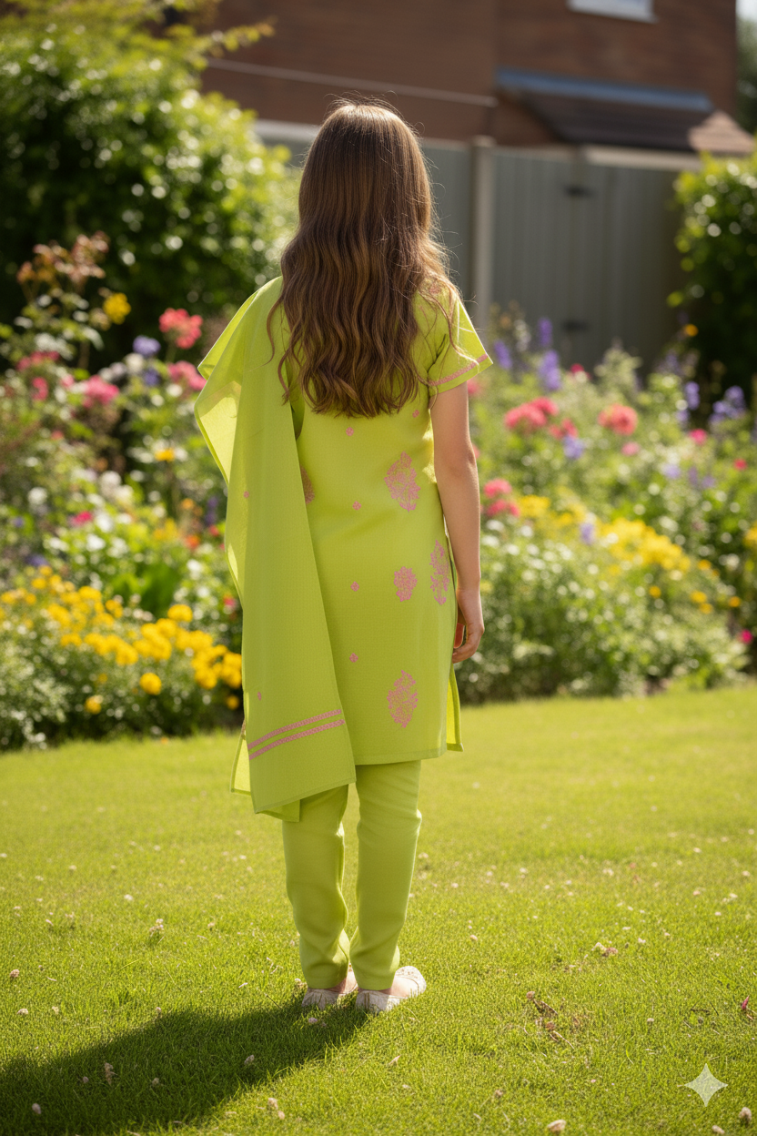 Silakaari Zubaan Mehendi Green-Pink Pure Cotton Lucknowi ChikanKari Kurti Pant With Dupatta Set For Girls