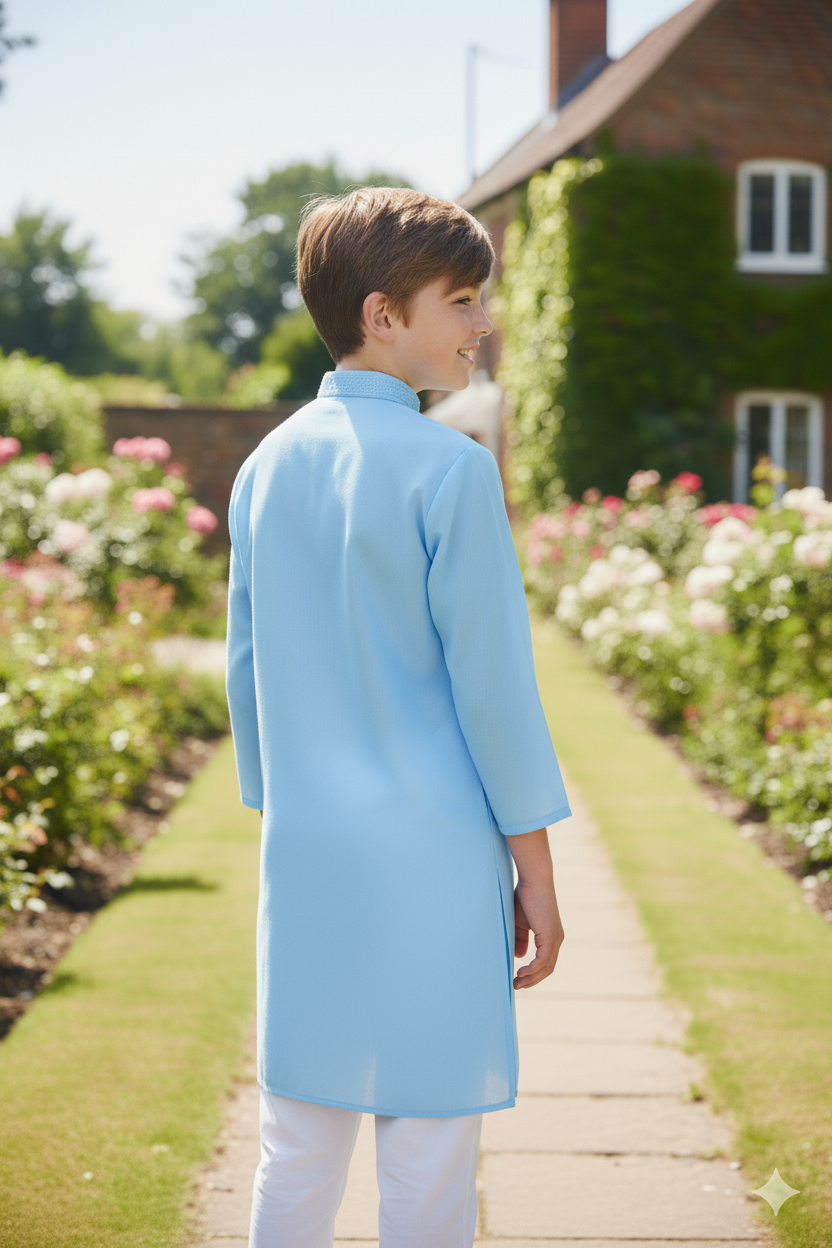 Silakaari Kids Blue Lucknowi Pure Cotton Kurta Pajama Set For Boys