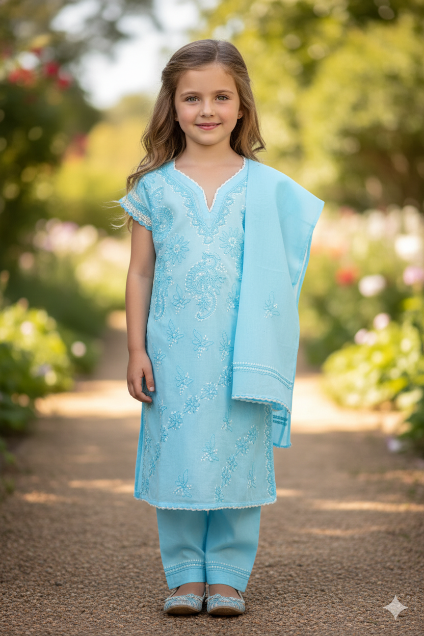 Silakaari Shifa Blue-White Pure Cotton Lucknowi ChikanKari Kurti Pant With Dupatta Set For Girls