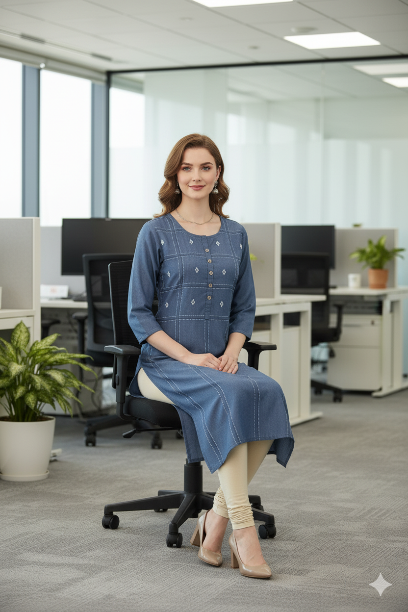 Silakaari Noora Printed Button Stylish Soft Denim Long Kurti