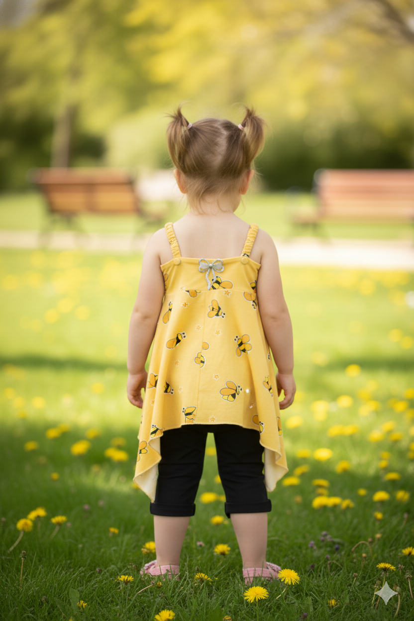 Silakaari Maryam Kids Honey Bee Printed Yellow Smocked Butterfly Top With Jeans For Girls