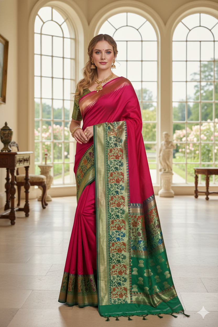 Silakaari Women's Bright Pink-Green Pure Silk Zari Banarasi Saree