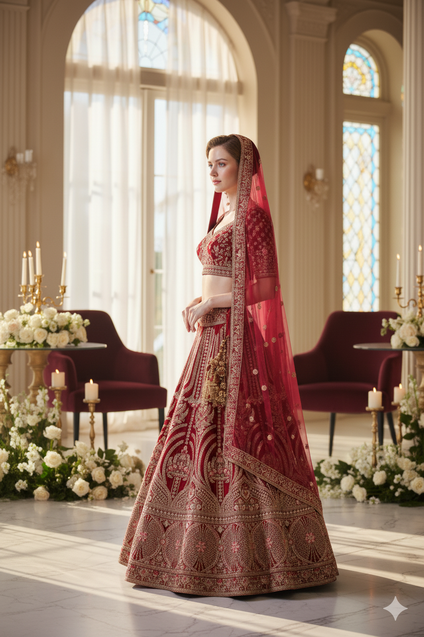 Silakaari Exquisite Dusty Hot Pink Velvet Heavy Bridal Lehenga Set with Embroidery