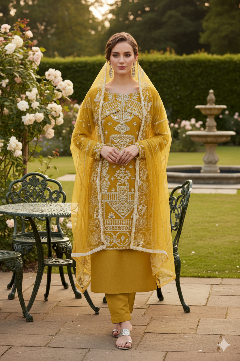 Silakaari Umeed Mustard-White Pure Organza Heavy Embroidery Patch Premium Unstitched  Suits