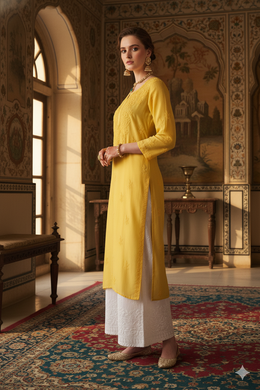 Silakaari Women's Pure Viscose Self Thread Heavy Lucknowi Glance Long Kurti Palazzo Set