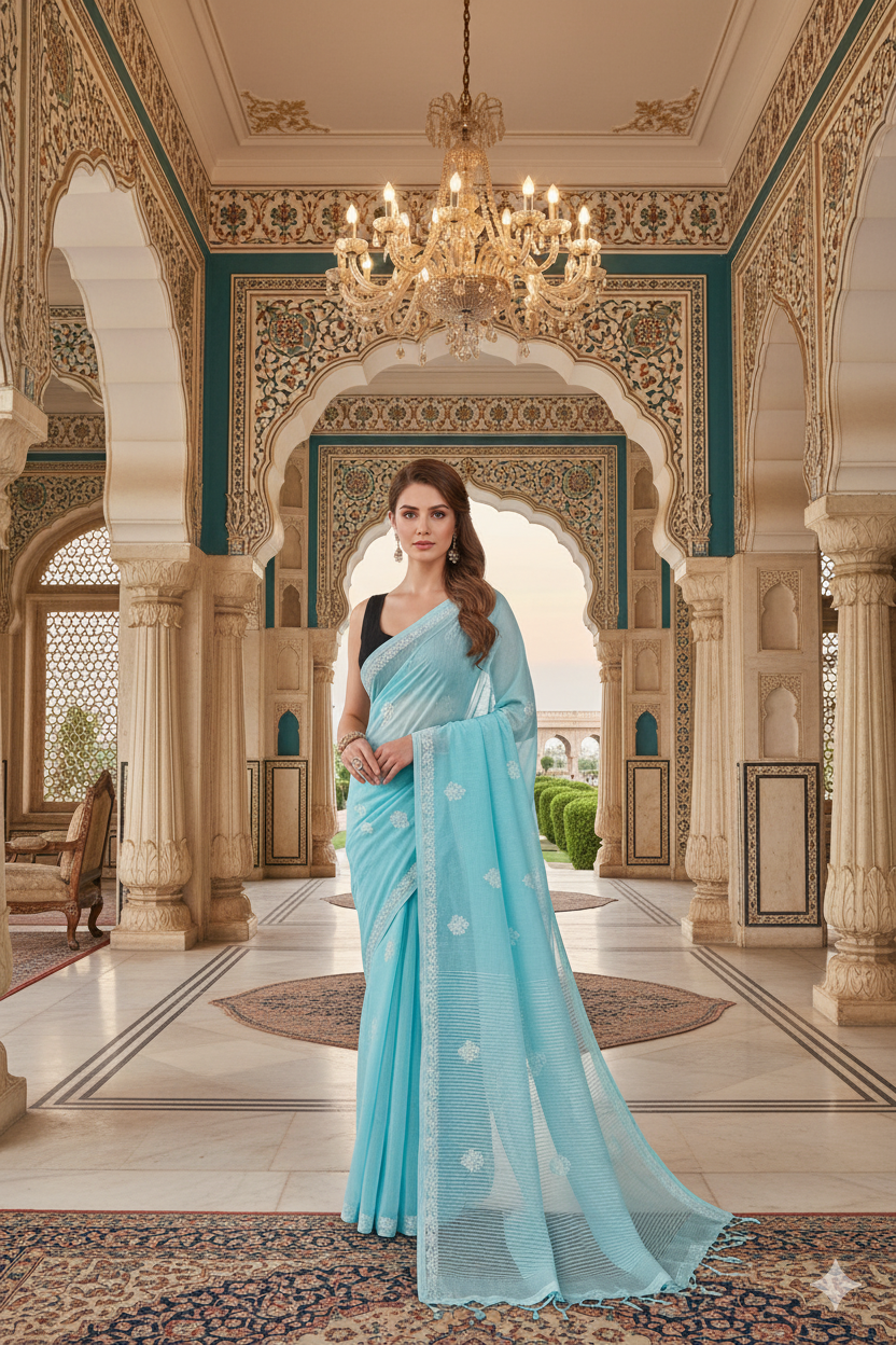 Silakaari Aasmani Pure Cotton Fine HandWork Super Delux Lucknowi Saree