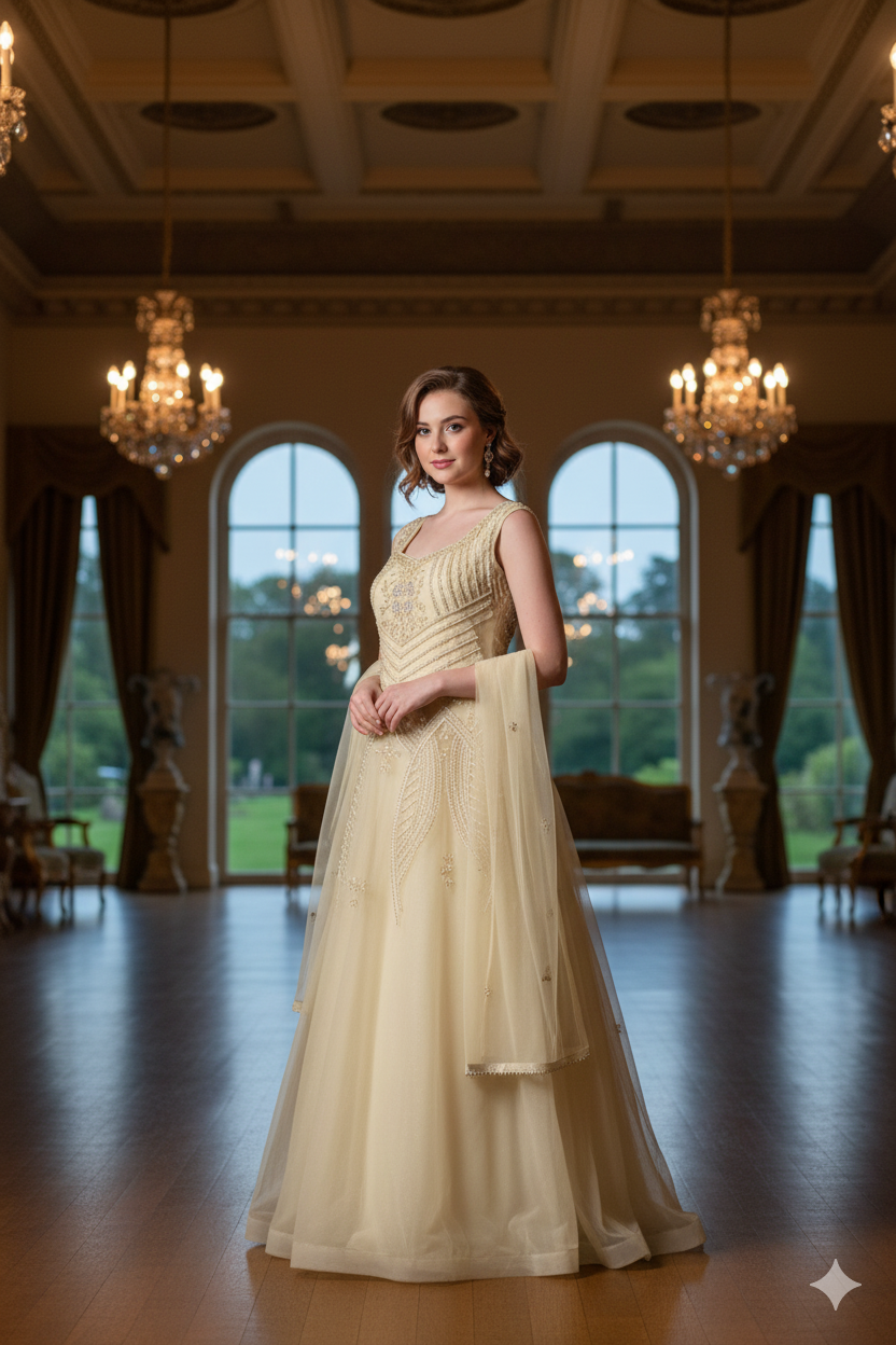 Silakaari Light Green Net Evening Gown with Pearls Sequins Diamond Embroidery