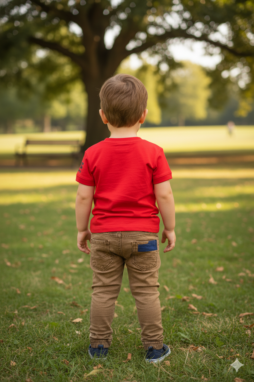 Silakaari Brick Red T-Shirt With Beige Denim Jeans Set For Boys
