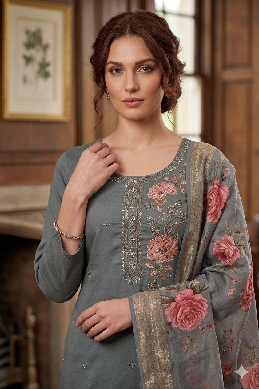 Silakaari Women's Heavy Hand Work Dola Silk Set With Fancy Banarasi Dupatta