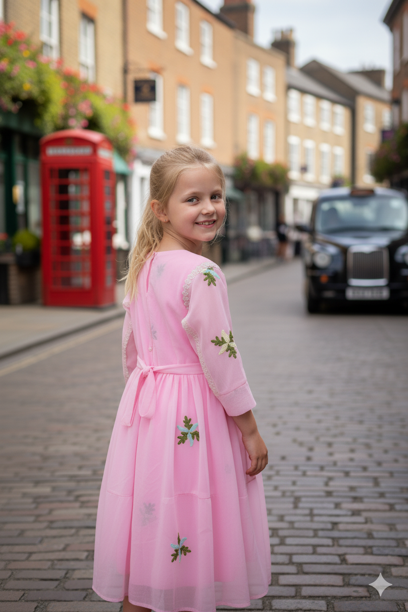 Silakaari Kids Pink Pearl Dress Floral Printed Cinderella Frock For Girls