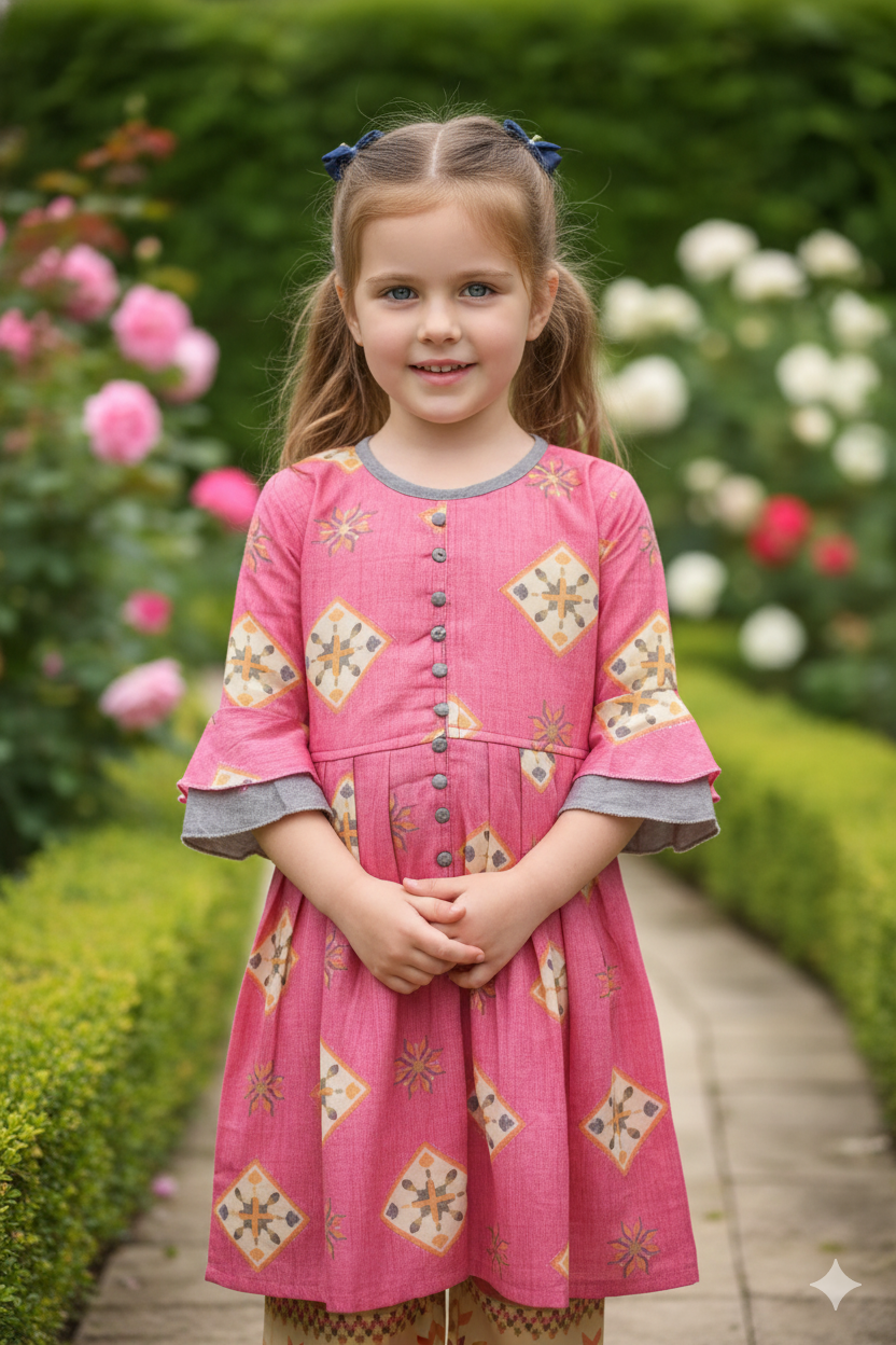 Silakaari Kids Bell Sleeve Foil Printed Palazzo Set For Girls