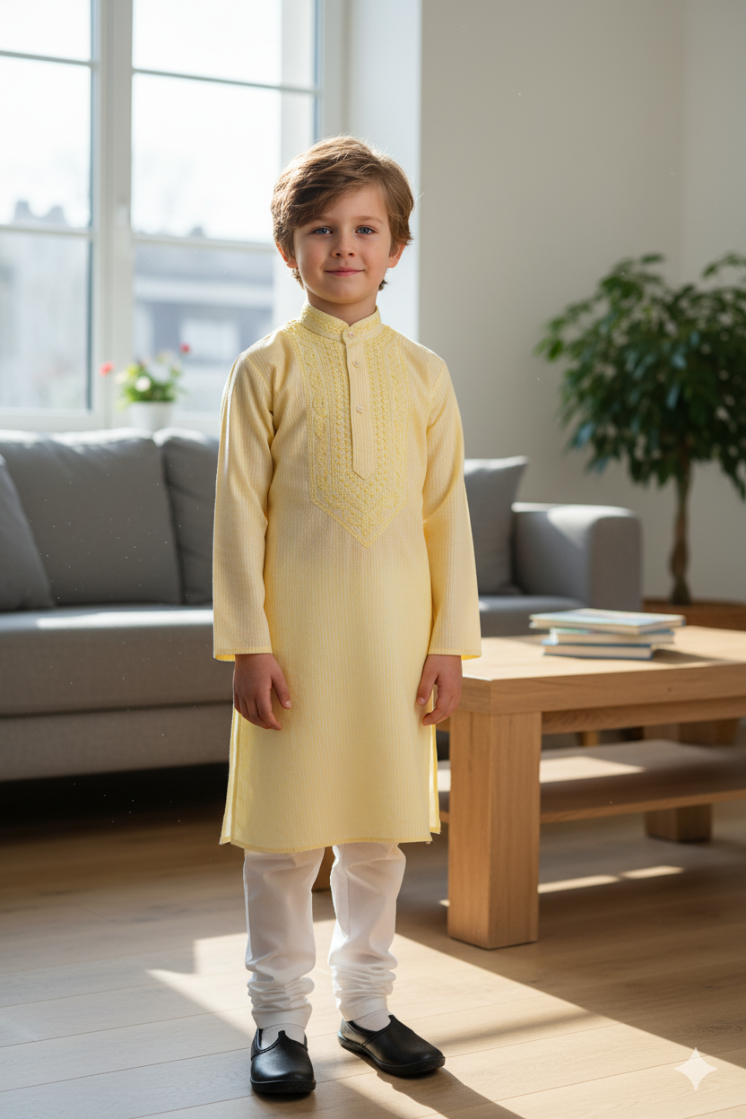Silakaari Adwik Beige-White Pure Lucknowi Chikankari Kurta Pyjama Set For Boys