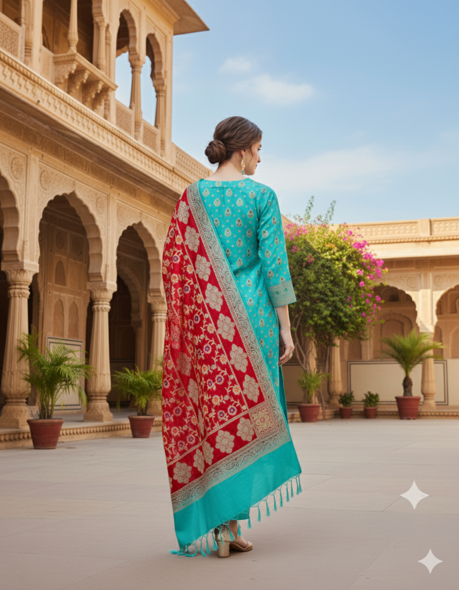 Silakaari Women's Green-Red Heavy Zari Banarasi Work Unstitched Dress Material