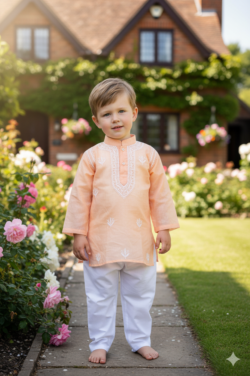Silakaari Kabir Peach-White Pure Lucknowi Chikankari Kurta Pyjama Set For Boys